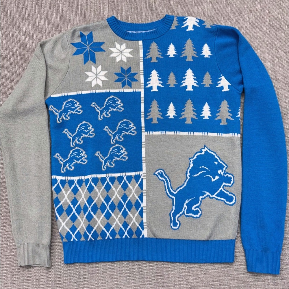 Detroit Lions NFL Team Apparel Men L Ugly Christmas Sweater Blue Gray Holiday